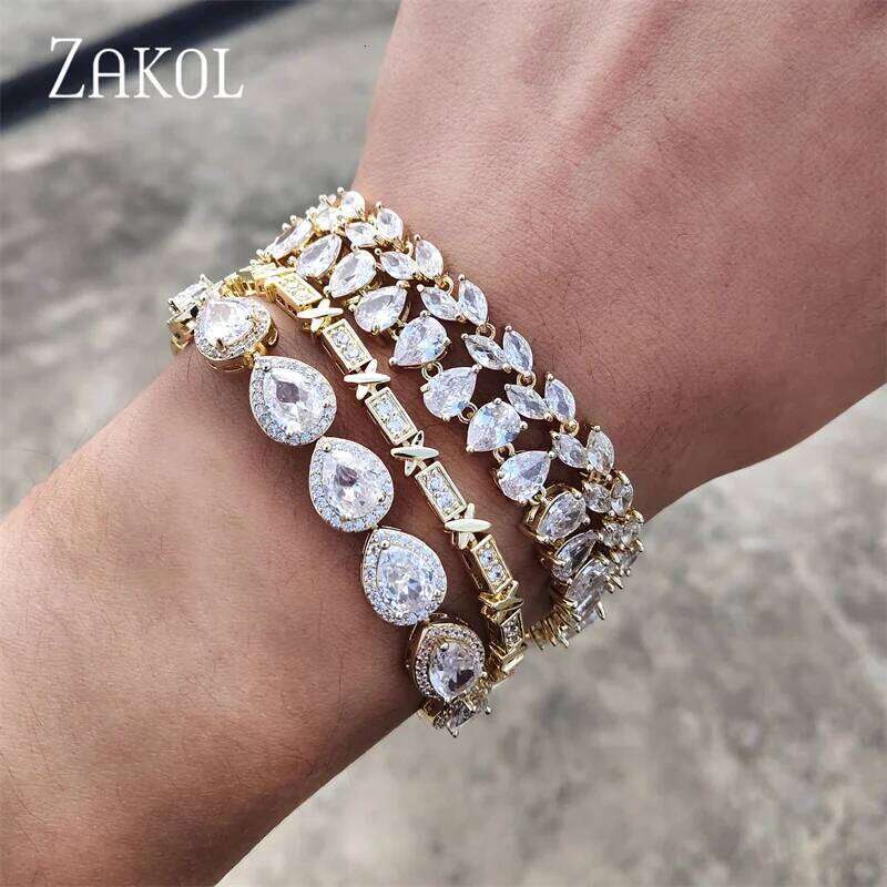 ZAKOL Fashion White Leaf Bracelets Bangles for Women Men Shinny Marquise Cut Cubic Zirconia Bridal Wedding Party Jewelry