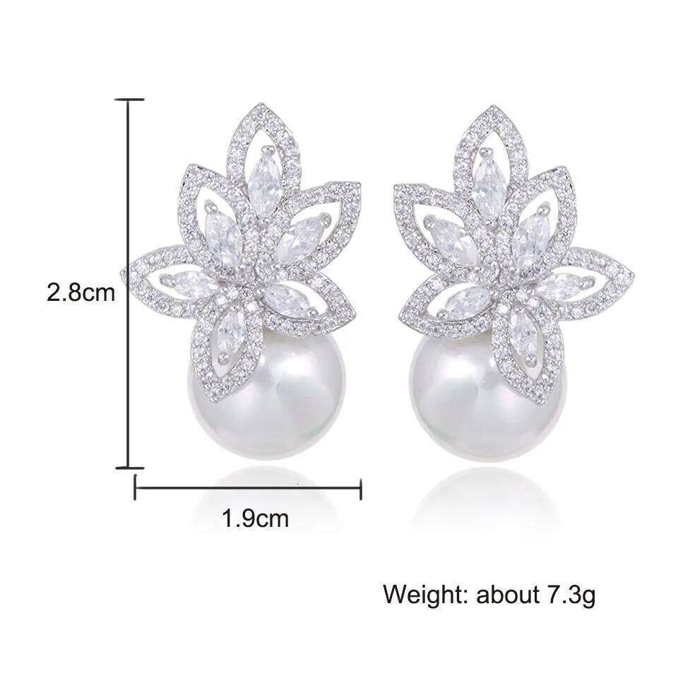 ZAKOL Temperament Imitation Pearl Flower Stud Earrings Elegant Leaf Marquise Zirconia Wedding Party Jewelry for Women