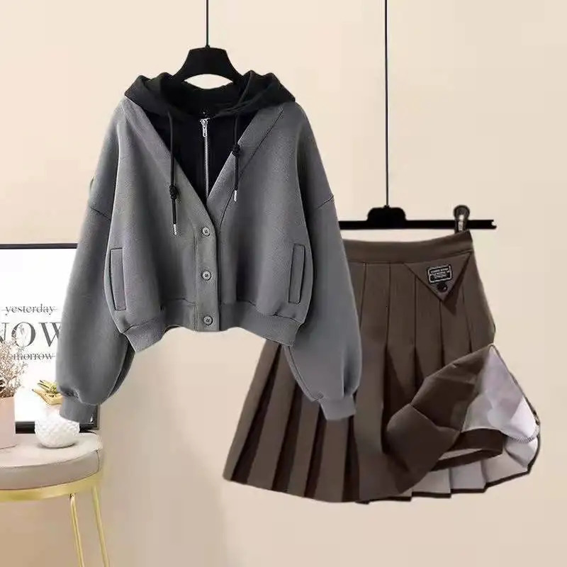 Plush Thickened Casual Long Sleeved Hooded Mini Pleated Skirt Two-piece Set Fashionable Womens Skirt Set 251219