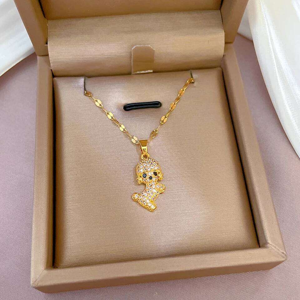 ZAKOL Cute Cartoon Dog CZ Pendant Necklace Shiny Zircon Crystal Titanium Steel Chain Animal Necklaces Party Jewelry