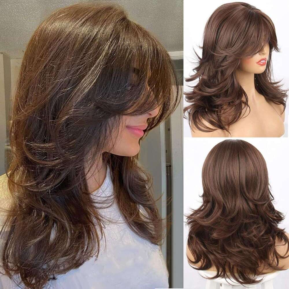 Women's Long Curly Hair Synthetic Medium-Length Brown Fluffy Multi-Layer Wig Xiusiyuan