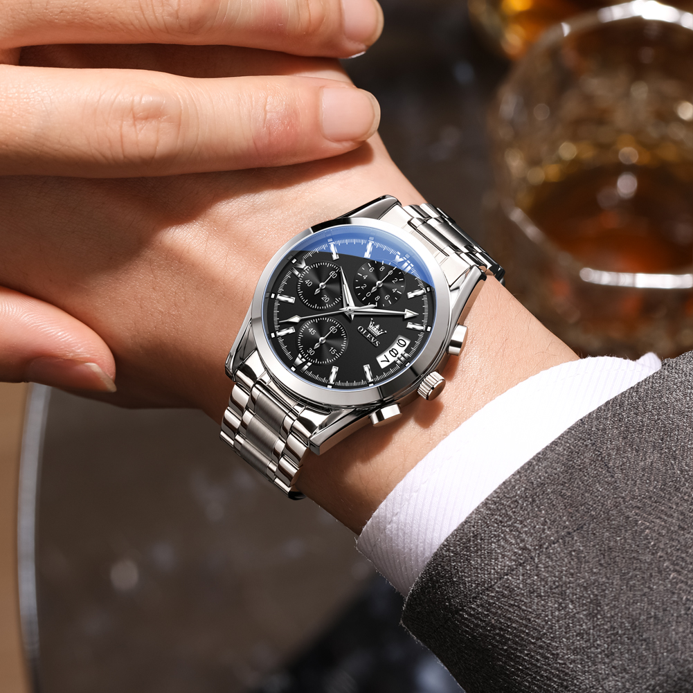 OLEVS Multi functional large dial quartz watch, business waterproof watch three eye calendar designer chronograph watch