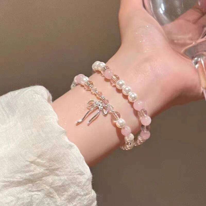 Cute Pink Beaded Imitation Pearl Bracelet For Women Girl Elegant Y2k Sweet Korean Charm Bowknot Bow Jewelry Party Gifts 25H1229
