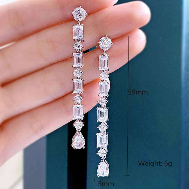 Luxury Geometric Water Zircon Long Drop Shiny Square Crystal Zirconia Charming Earrings Wedding Party Jewelry