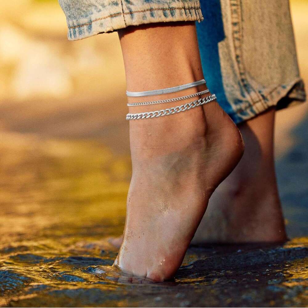 Cross-Border Popular Waterproof Cuban Chain Anklet Set Stainless Steel Fashion Commuting Personality Versatile Foot Jewelry