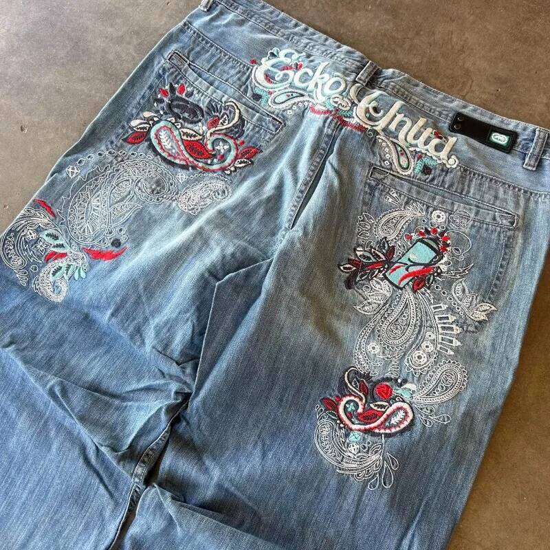 Gothic New Fashion Geometric Embroidery Baggy Men Y2K Harajuku Hip Hop Popular Vintage Straight Couple Wide-leg Jeans