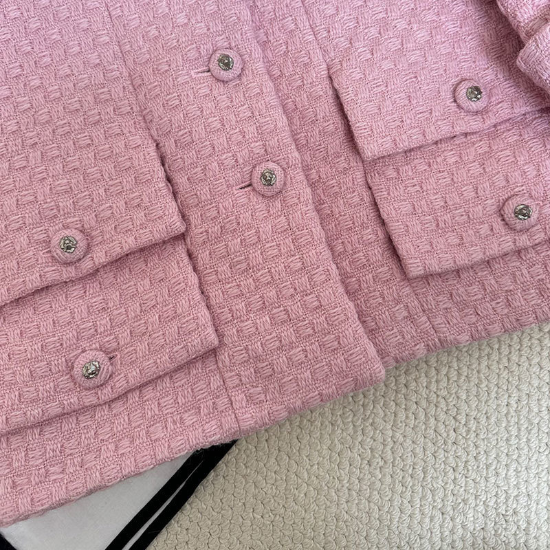Women Early Spring Pink Stand Collar Tweed Jacket Designer Luxury Single Breasted 3/4Sleeve Silk Wool Coat Multi-Pocket Jacquard Lined Elegant Outerwe