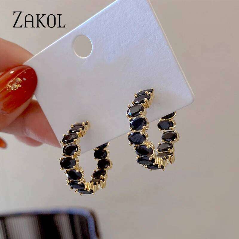 ZAKOL New Arrivals Black Geometric Zirconia CC Earrings Korean Fashion Jewelry for Women Girls