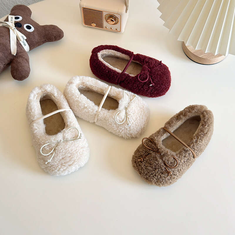 Girls' Cotton 2025 Autumn Winter New Korean Style Solid Color Bowknot Furry Shoes Lightweight Children's Fleece-Lined Loafers