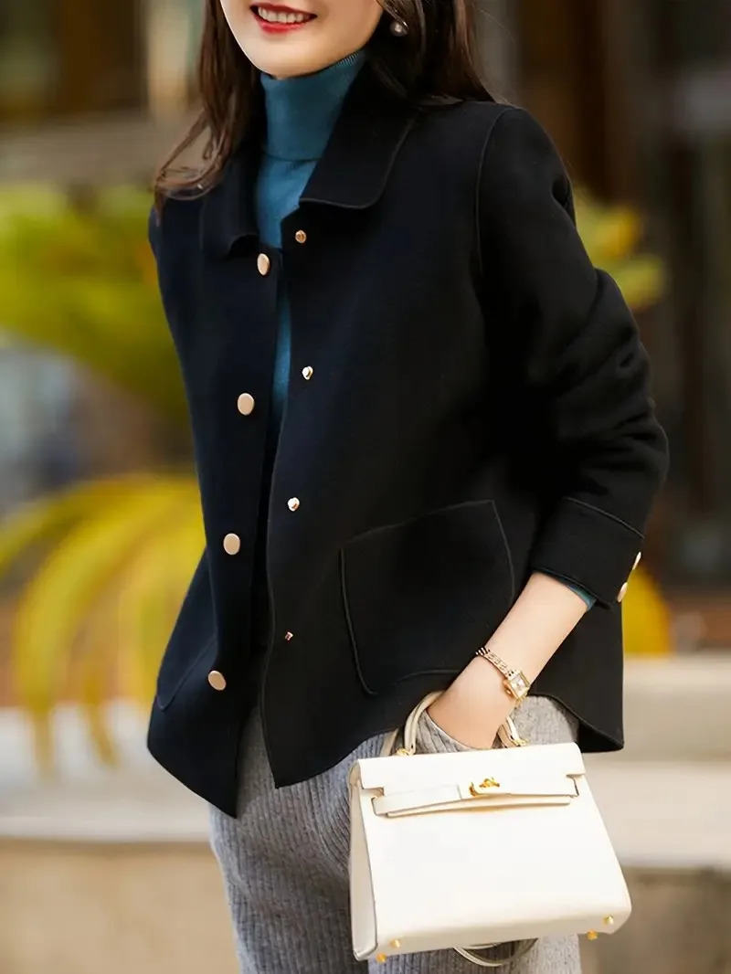 Fashionable womens black lapel jacket with metal button details pockets elegant and casual suitable for commuting office 251225