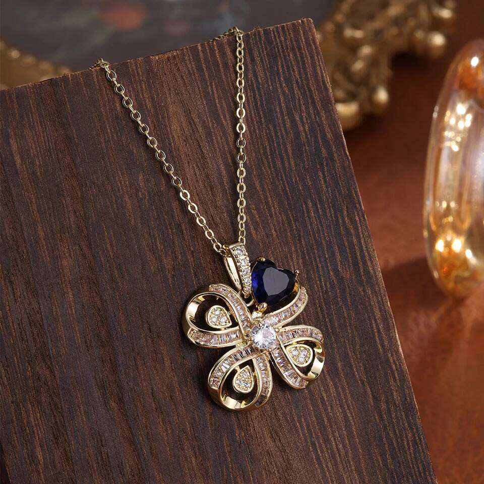 ZAKOL Fashion Dazzling AAA Cubic Zirconia Four-leaf Clover Flower CZ Pendant Necklace for Women Party Jewelry Gift