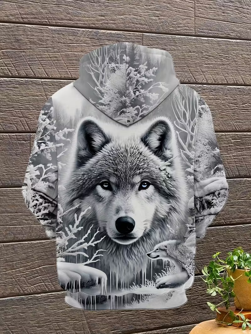 Fall/Winter Men's Hooded Sweatshirt 3D Snow Wolf Print Black & White Trendy Oversized Pullover Unique Animal Pattern Casual Hoodie