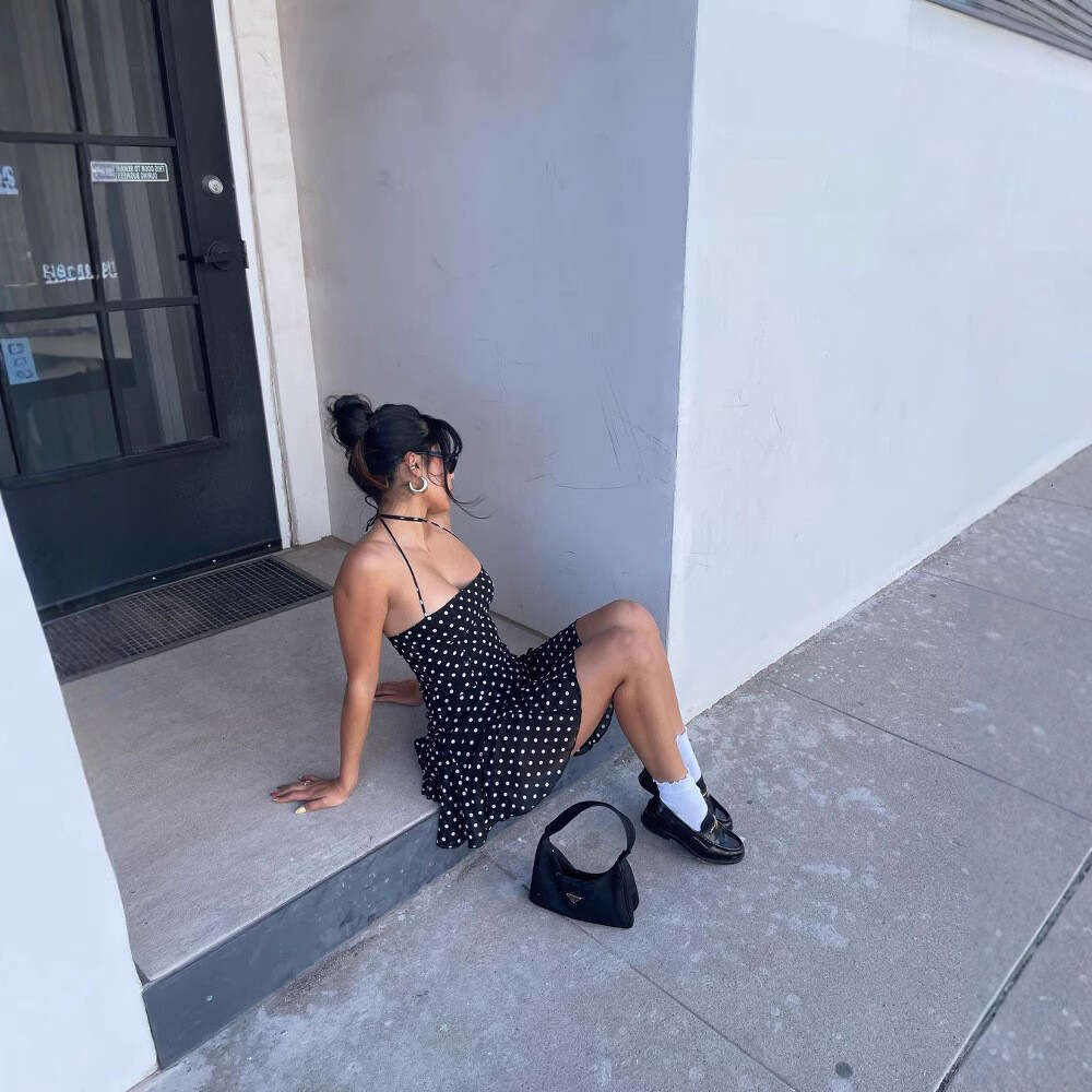 Dress for women 2026 Autumn Winter New Fashion Polka Dot Halter Neck Sleeveless Dress, European and American Style Sexy Backless Prom Dress