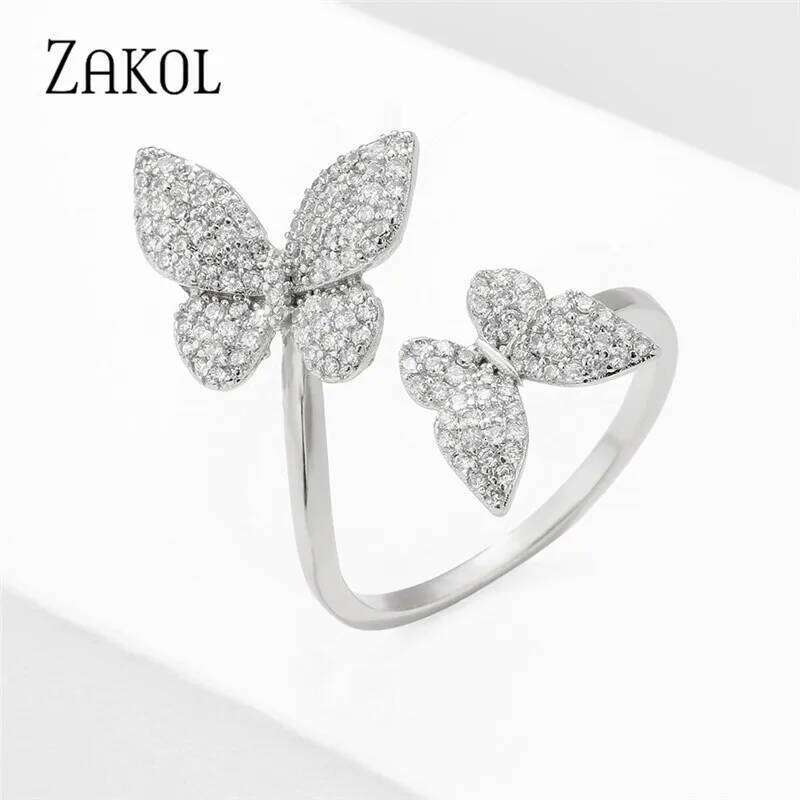 ZAKOL Exquisite Micro Inlay Zircon Butterfly Open Rings for Women Fashion Wedding Party Jewelry