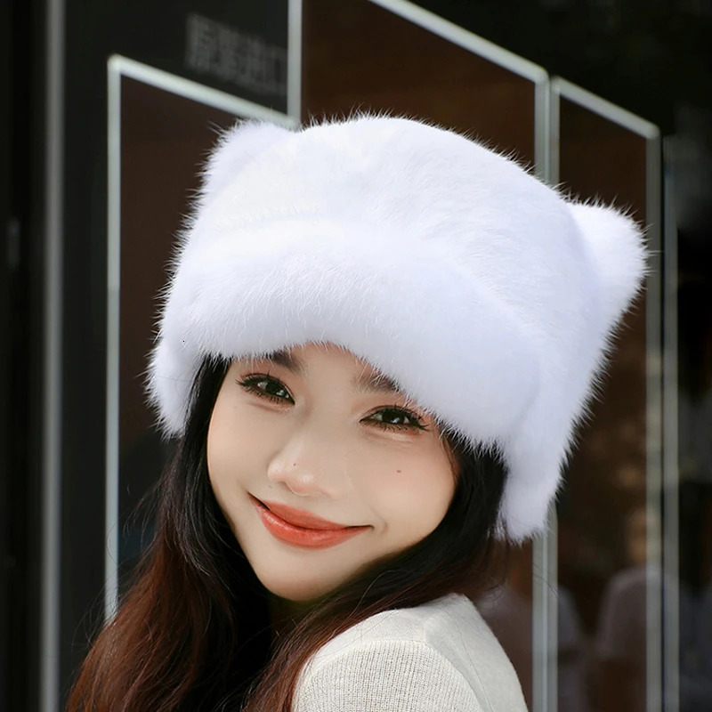 Style Women Rabbit Fur Cap Brim Cute Ears Hat Girls Winter Warm Real Natural Rabbit Fur Thick Warm Hats 251225