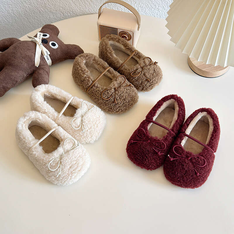 Girls' Cotton 2025 Autumn Winter New Korean Style Solid Color Bowknot Furry Shoes Lightweight Children's Fleece-Lined Loafers