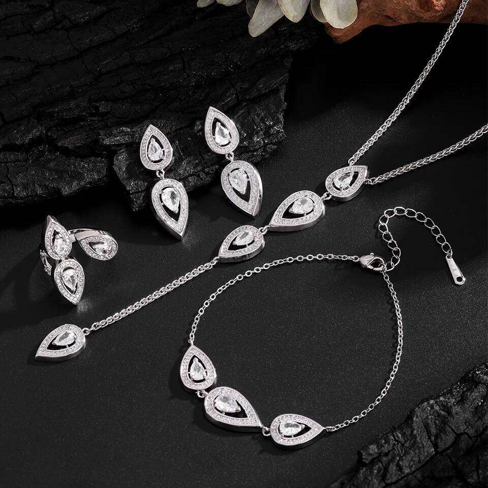 ZAKOL Luxury 18K Gold Plated AAA Cubic Zirconia Earring Necklace Jewelry Set Pear-shaped Water Drop Crystal Party Accessories