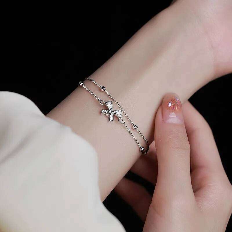 Titanium Steel Silver Color Geometric Bracelet For Women Girl Fashion Holiday Gift Double-deck Bow Wrist Chain Jewelry Pulsera 25H1229