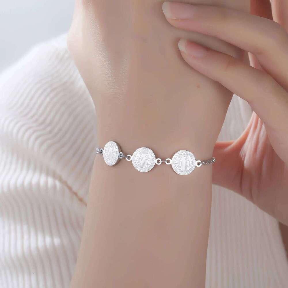 Double-sided Saint Benedict Exorcism Cross Charm Women Stainless Steel Gold Color Adjustable Box Chain Bracelet Jewelry 25H1229