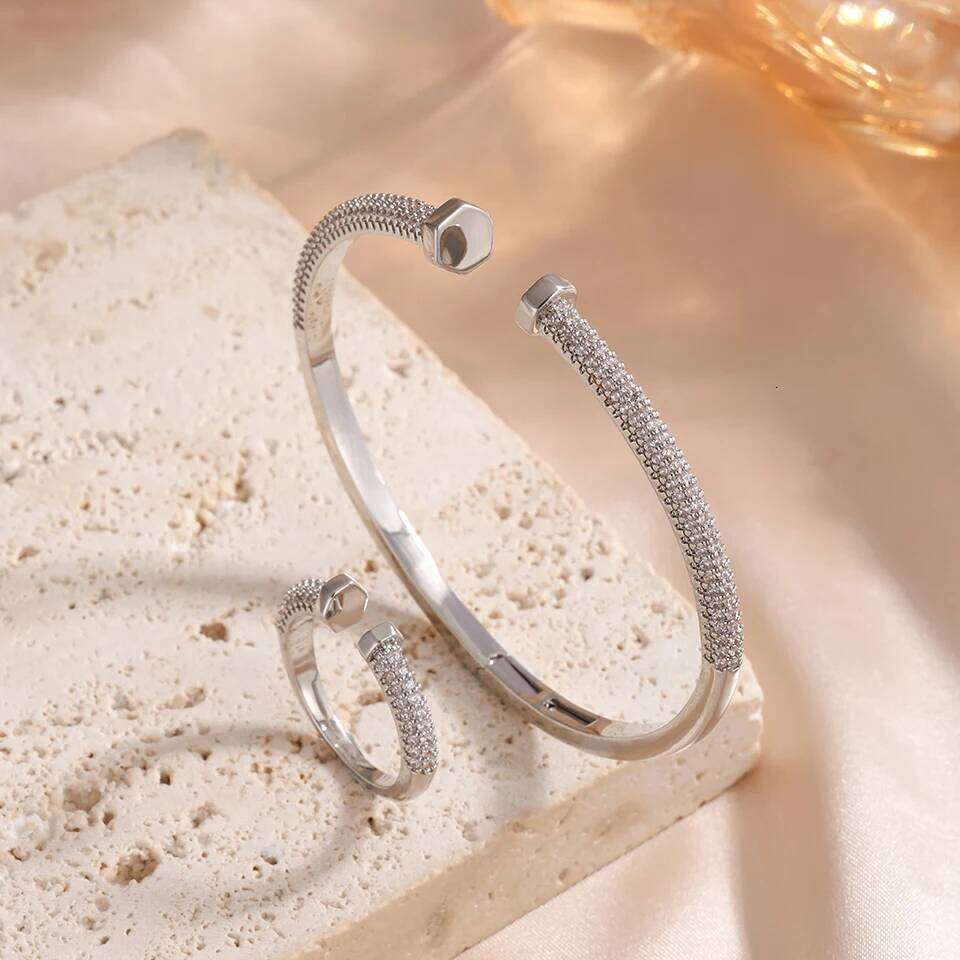 ZAKOL Shiny Micro Zircon Nail Head Adjustable Bracelet Ring Luxury Copper Metal 18K Gold Color Wedding Engagement Jewelry