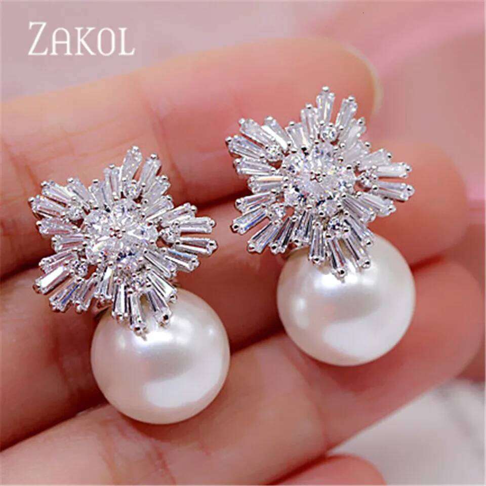 ZAKOL Korea Fashion Round Simulated Pearls Snowflake Drop Earrings for Elegant Women Zirconia Bridal Wedding Jewelry