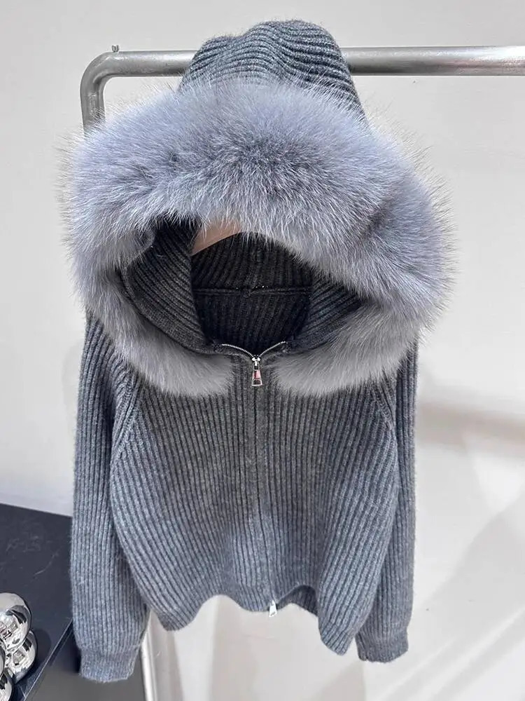 MYMX Large Real Fox Fur Hooded Knitted Cardigan For Women Zipper Long Sleeves Sweater Coat Autumn Winter MX180 251219