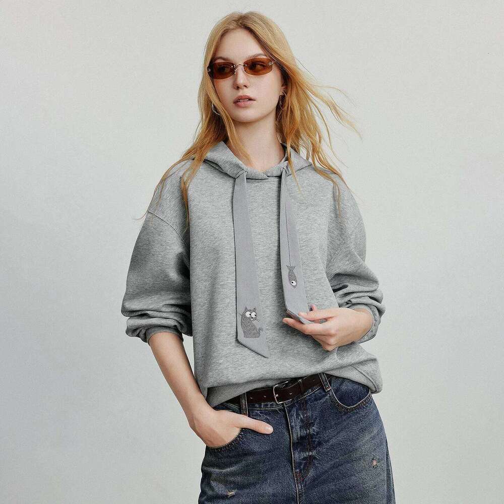 Women Hoodies Sweatshirt 2025 Autumn New College Style Cat Embroidery Tie Cotton Hooded Pullover Tops