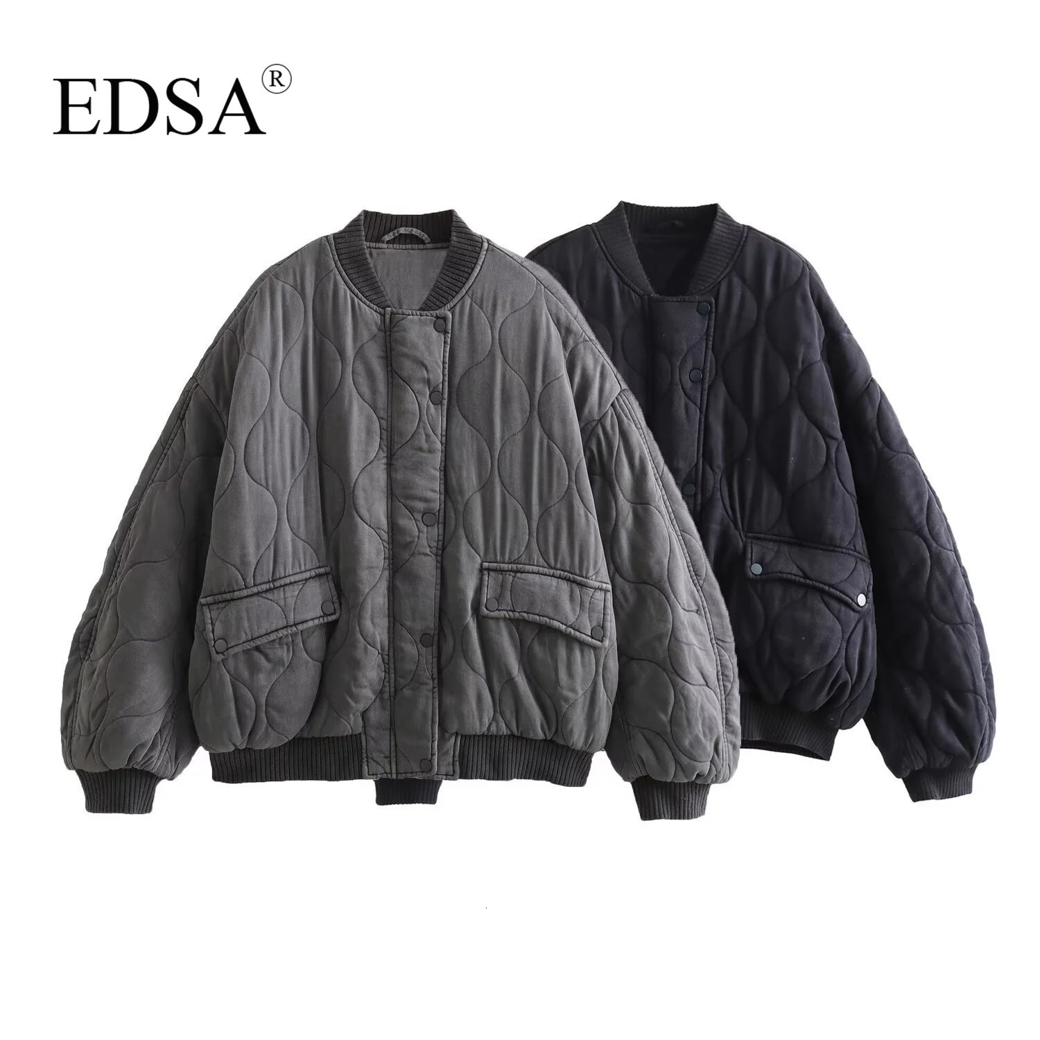 EDSA Women Oversized Quilted Bomber Jackets Thick Warm Coat Long Sleeve SnapButton Female Outerwear Chic Tops 251225