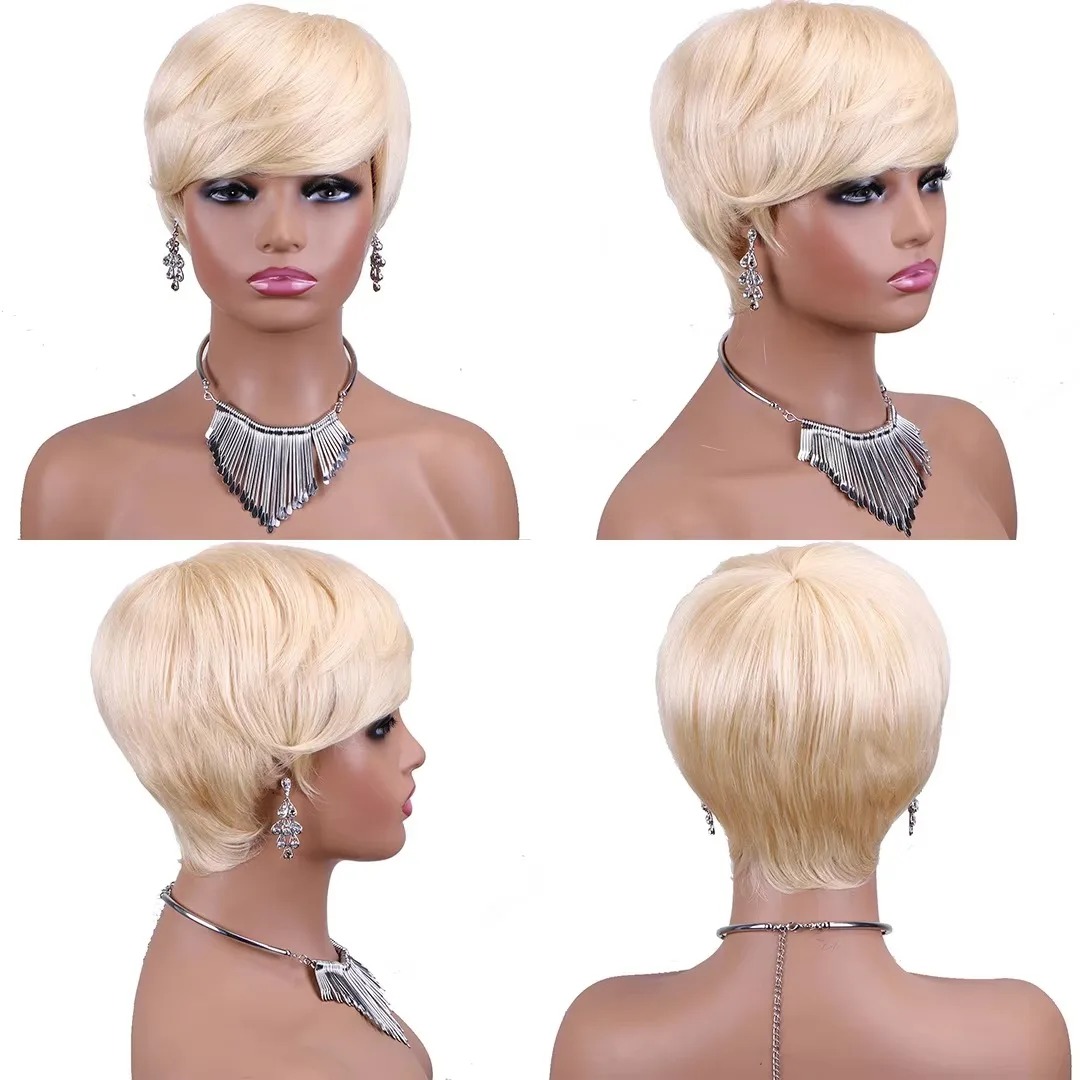 New Pixie Cut Wig 613 Blonde Short Bob Human Hair Wig With Bangs For Black Women Brazilian Straight Lace Front Wig Remy Hair Glueless Cheap Wig