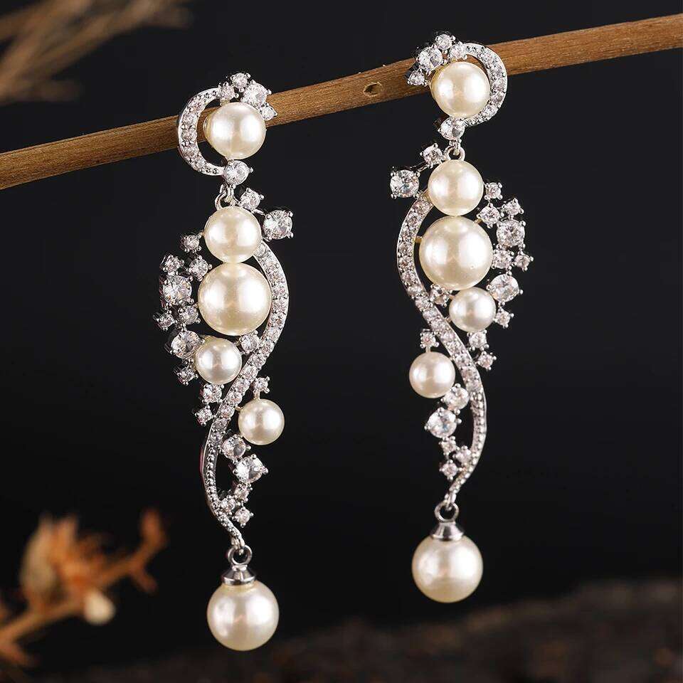 ZAKOL Luxury Shiny AAA Cubic Zirconia Hanging Earrings for Women Imitation Pearl Bridal Long Earring Women's Wedding Jewelry