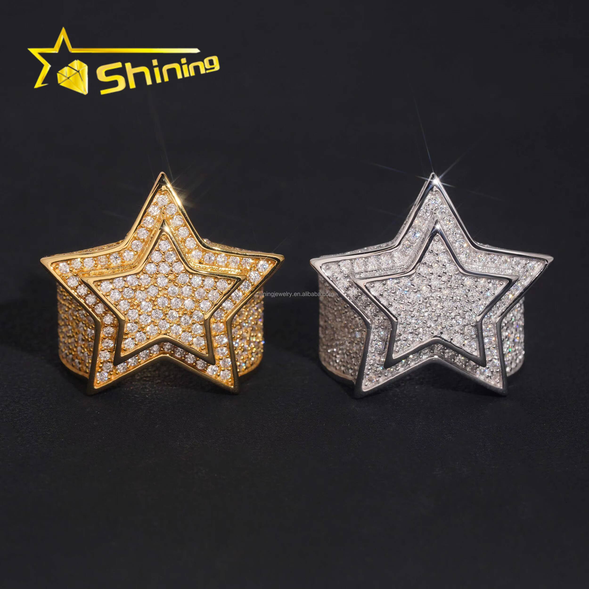 High Quality Bulk Stock Iced Out Hip Hop GRA Certificate VVS Moissanite Diamond Man Gift Iced Out S925 Silver Star Shape Ring