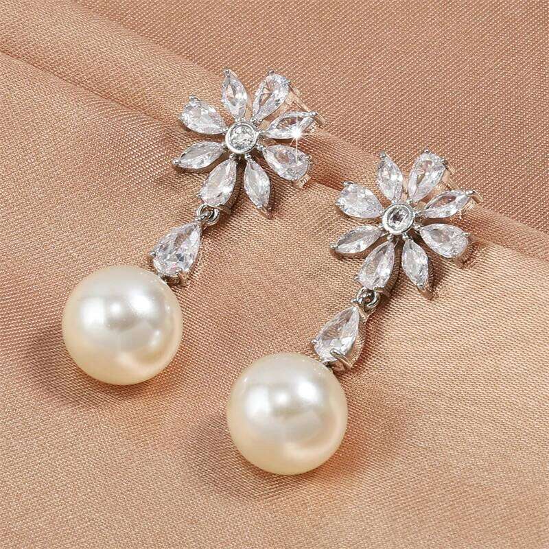 ZAKOL Sweet Romantic Round Imitation Pearl Drop Earrings Exquisite Shiny CZ Flower Earring Birthday Jewelry Gift for Girls
