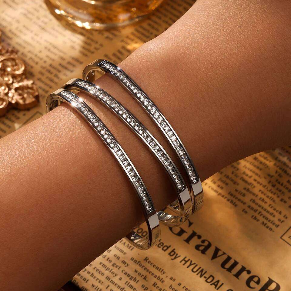 ZAKOL Exquisite Micro Paved Crystal Zirconia Thin Bracelet Bangles for Women Personalized Stainless Steel Stacked Jewelry
