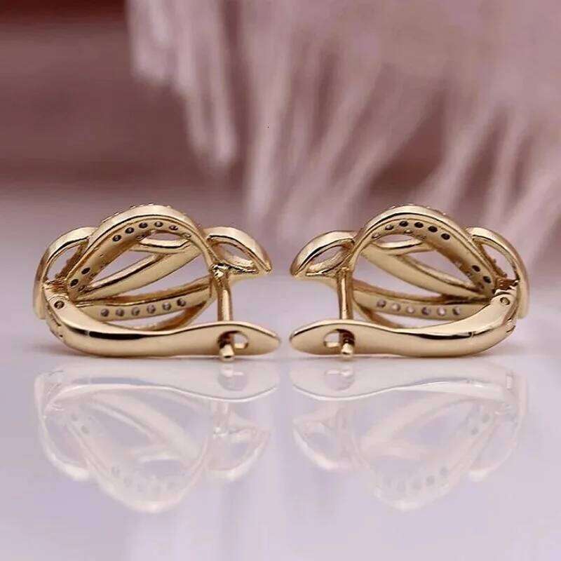 Simple Leaf Shape Hollow Stud Earring For Women AAA Zircon Gold Color Plated Ear Accessories Jewelry Gift