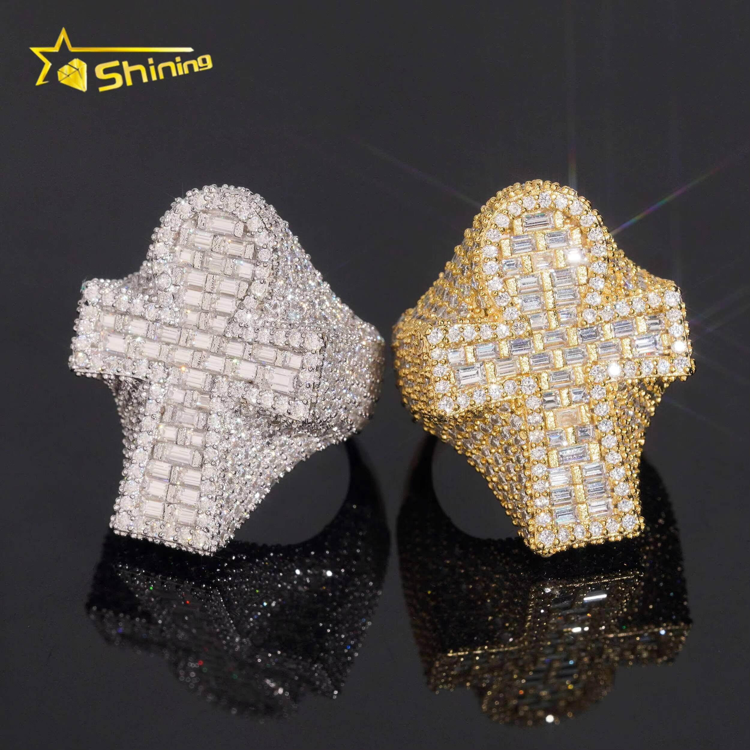 Iced Out 925 Sterling Silver Moissanite Cross Ring Custom Hip Hop VVS Moissanite Engagement Ring for Men