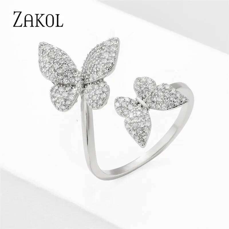 ZAKOL Exquisite Micro Inlay Zircon Butterfly Open Rings for Women Fashion Wedding Party Jewelry