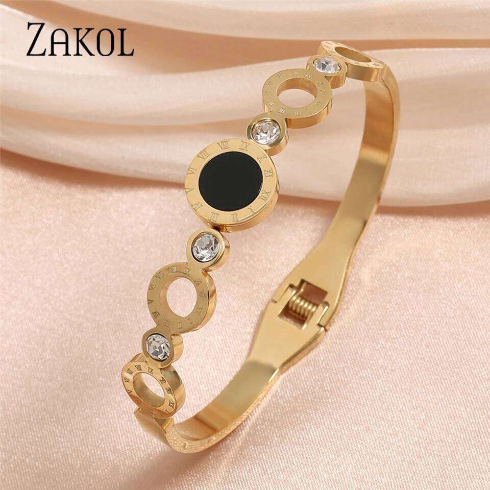 ZAKOL Fashion Black Shell Roman Numeral Titanium Steel Bangle Hollow Circle Button Bracelet Jewelry Gifts for Women