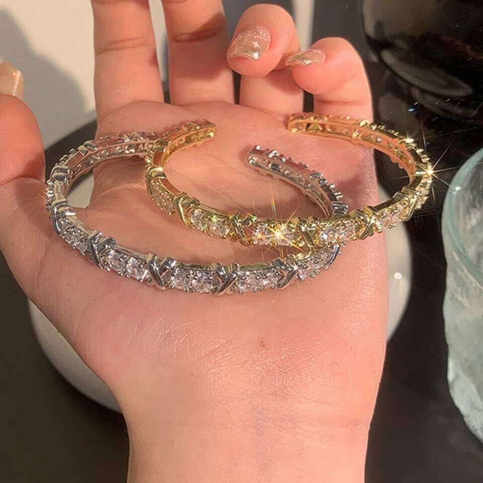 ZAKOL New Fashion X Cross Zircon White and Gold Color Cuff Bangle for Women Girl Charming Birthday Jewelry Gift