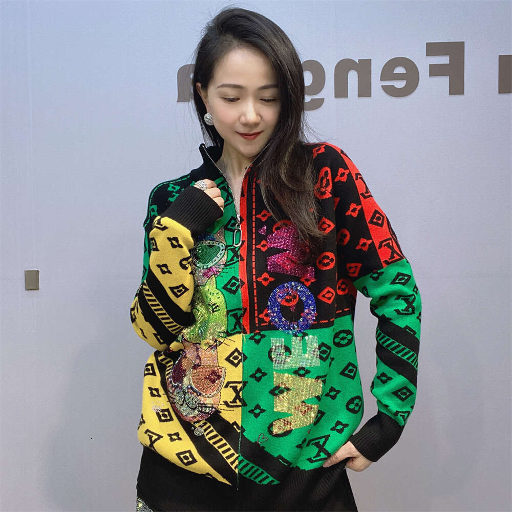Clothing Colorful Knitted Sweater Jacket Women's Autumn And Winter New Heavy Craftwork Hot Drilling Stand Collar Zipper Cardigan Top