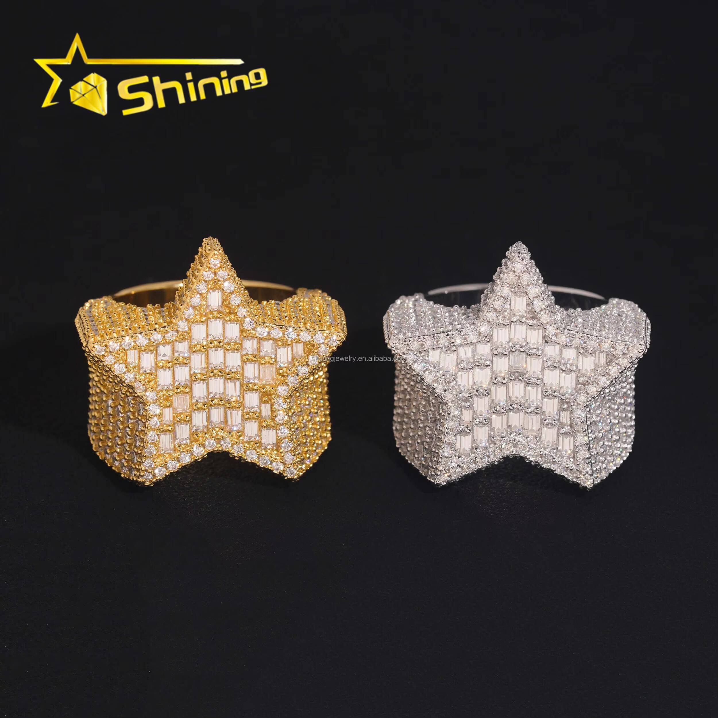 Bulk Stock Drop Shipping Iced Out Hip Hop GRA Certificate FL Baguette Moissanite Diamond Man Gift Iced Out S925 Silver Star Ring