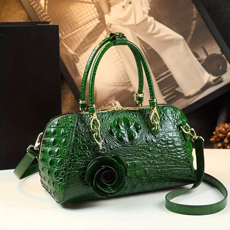 JINXIANGGUO Vintage Crocodile Pattern For Women Fashion Shoulder Handbag With Adjustable Strap Zipper Closure Polyester Lined Edge Paint Detail Multip
