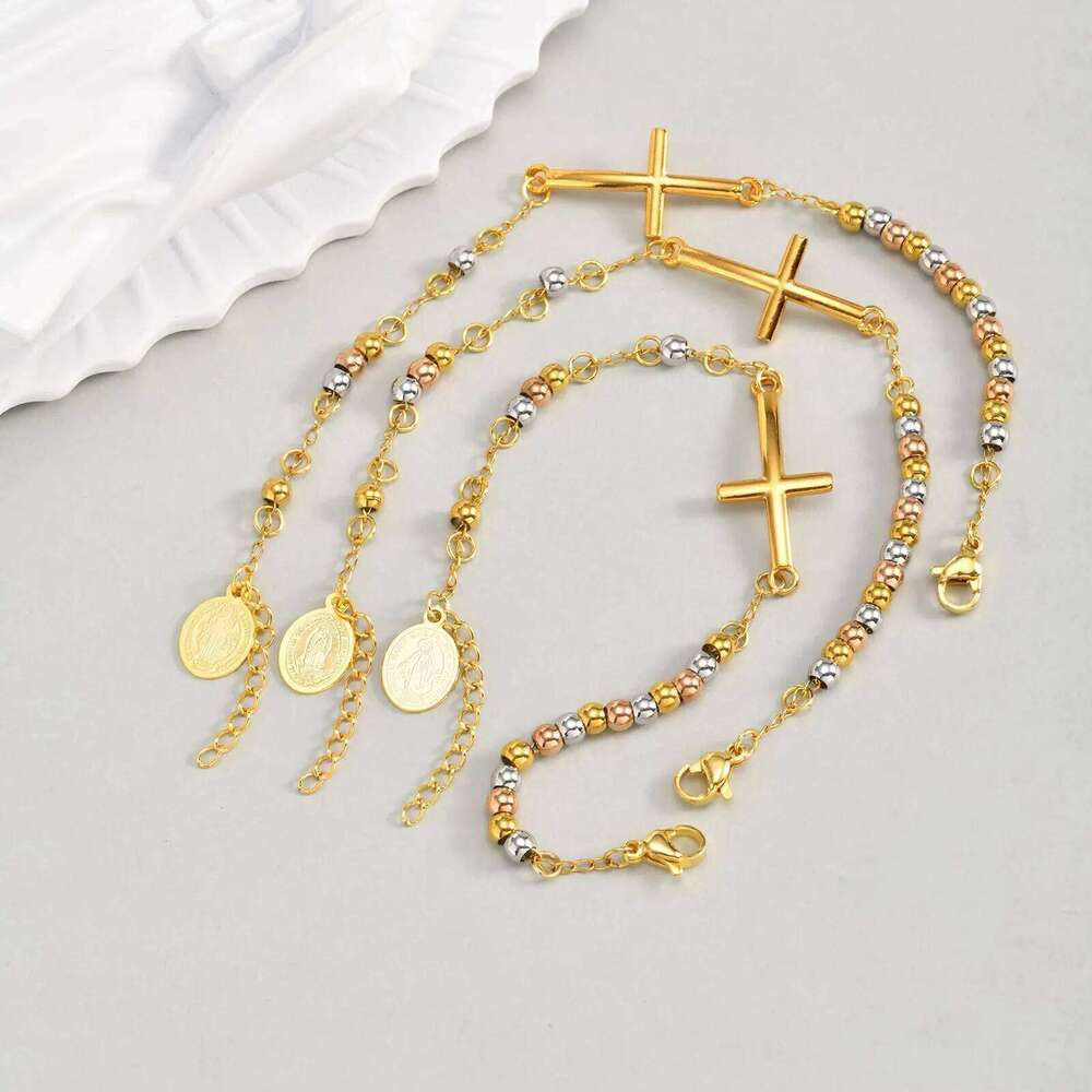 Women's Rosary Cross Virgin Mary Bracelet,Stainless Steel Vintage Charm Beaded Bracelets,Religious Prayer Jewelry Gifts 25H1229