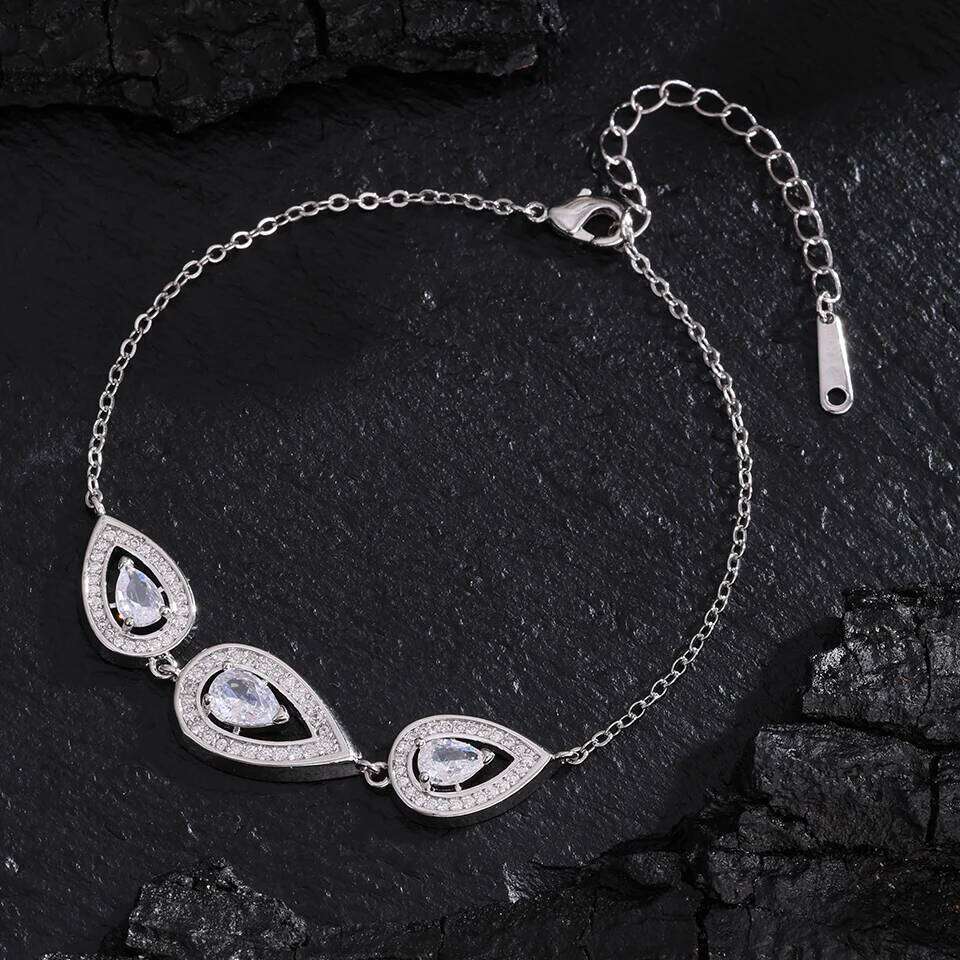 ZAKOL Luxury Three Pear-shaped Water Drop Shiny Zircon Charm Bracelet for Women Female Exquisite Jewelry Gift