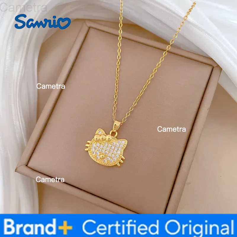 Sanrio Gold Color Luxury Zircon Hello Kitty Pendant Necklace Stainless Steel Chain Lovely Kitten Accessories Jewelry Gifts for Friends H251229
