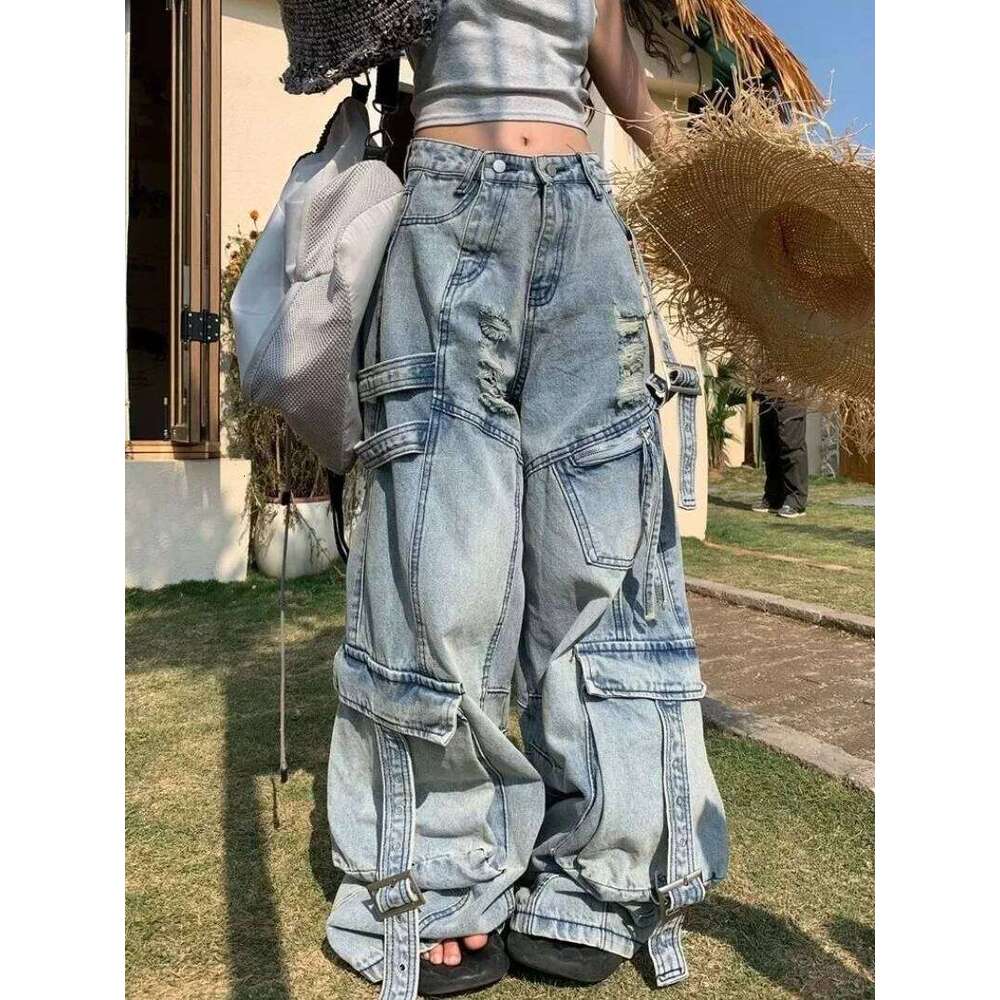 American Fashion Trends Joker Tooling Pocket Baggy Female Street Y2K New Hip Hop Oversized Wide-leg Pants Unisex Jeans