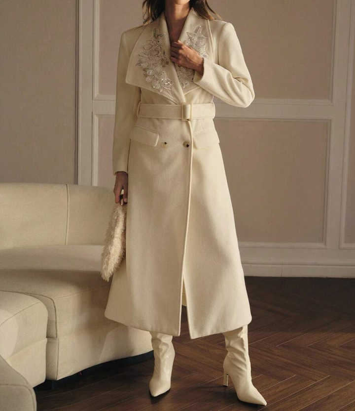 Elegant Beaded Appliques Women Long Overcoat Double Breasted Office Ladies Work Jacket Winter Customized One Piece