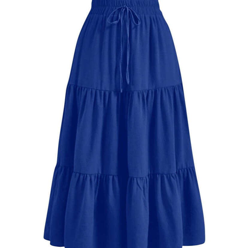Women's Tiered Maxi Skirt Elastic Waist Drawstring Long Skirt for Casual Daily Wear Ruched Elastic Pocket Skirt Patchwork