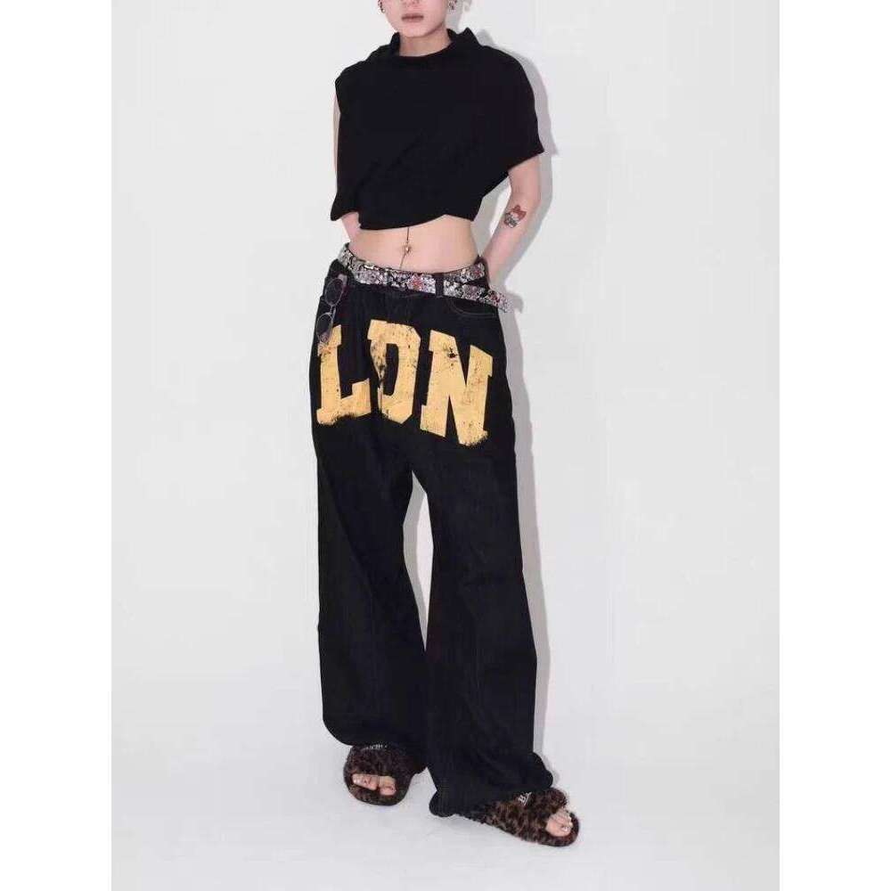 American Vintage Letter Print Jeans Women's Black Gothic Y2k Loose Denim Pants Fashion Hip Hop Wide Leg Casual Streetwear