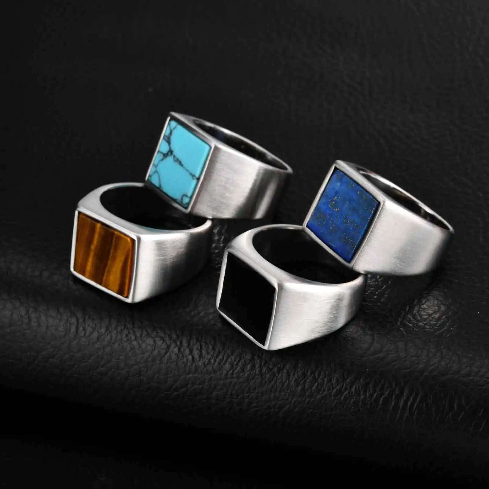 Vnox 14mm Signet Ring For Men Stainless Steel Geometry Shape With Natural Stone Stylish Handsome Finger Ring 251224