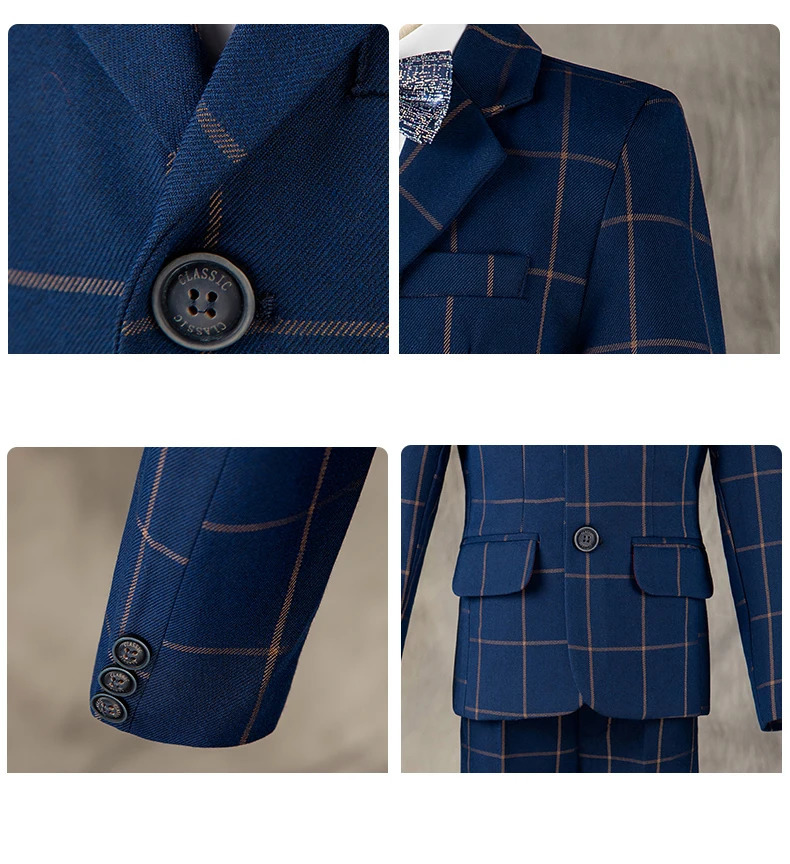 Boys Formal Navy Plaid Suits Set Children Host Piano Performance Birthday Party Pography Costume Kids Blazer Pants 251218